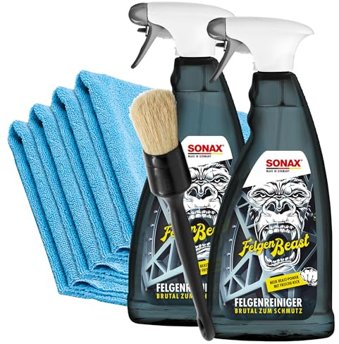SONAX FälgBeast Winter Sonder Limited Edition 1 l set Deluxe: 2 x syrafri fälgrengörare med virkesindikator för skonsam fälgrengöring + ValetPRO rengöringspensel + 4 mikrofiberdukar 320 GSM