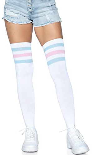 Leg Avenue Dam Idrottsman Lår Hej W/ 3 Randig Topp Strumpbyxor, Rosa/Blå, En Storlek