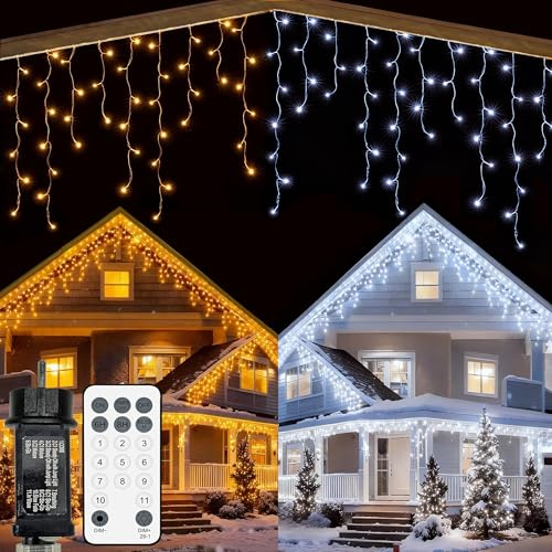 YOSION Eisregen Lichterkette, 500 LED 15M Warmweiß und Weiß Eiszapfen Lichterkette mit Timer Stecker, Fernbedienung, Wasserdicht, Lichtervorhang für Außen Weihnachten Halloween Dachkante Balkon Dekor