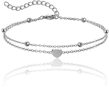 RWQIAN Damen Verstellbares Fußkettchen Edelstahl Wasserdichtes Fußkettchen mit Herz（Kettenlänge 20+5cm）