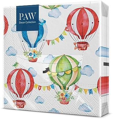 PAW - Servietten 3-lagig (33 x 33 cm) I 20 Stück I Perfekt für Kindergeburtstage, Party, Kommunion und Feiern I Papierservietten Bunt mit Party Motiv I Luftballons