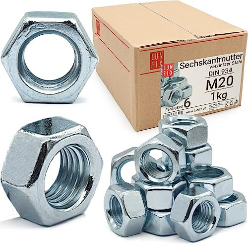 Lun Fix Dado esagonale M20 | DIN 934 | 1 kg | Resistenza 6 | Acciaio zincato, filettatura regolare dadi per viti, dado metrico per bulloni filettati, dadi esagonali per barre filettate