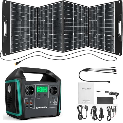 SWAREY Tragbare Powerstation 725Wh mit 200W Solarpanel, 2x 1000W (Spitze 1500W) AC Ausgange, 65W USB-C Anschlusse, Solargenerator für Draußen, Camping, Reisen, Wohnmobil
