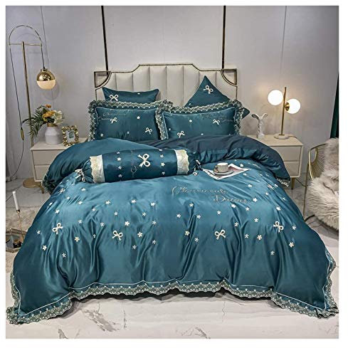 Parure de lit 4 pièces résistante aux plis et aux taches Linge de lit de luxe en soie lavée Housse de couette Broderie européenne Patinage en soie Soie 4 pièces avec taies d'oreiller Ensemble de