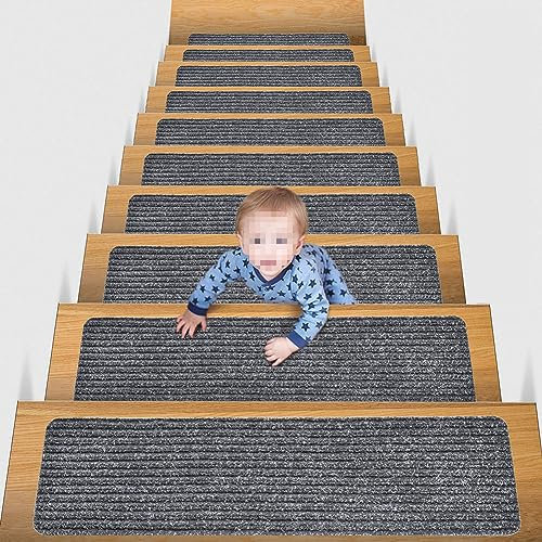 7Pcs Selbsthaftende Stufenmatten,Gestreifte Treppenmatte Treppenteppich Anti-Rutsch Treppenstufen Teppich Innen-Treppenläufer für Holzstufen,Sicherheit Stufenteppich für Kinder,Älteste,Hunde B 76x20cm