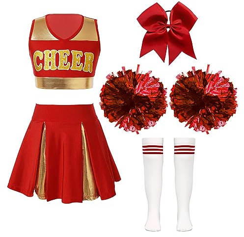 Aislor Uniforme de Pom-Pom Girl Enfants Filles Déguisement Fête Halloween Carnaval Party Cosplay Costume Cheerleadering Outfit Cheer Rouge A 11-12 Ans