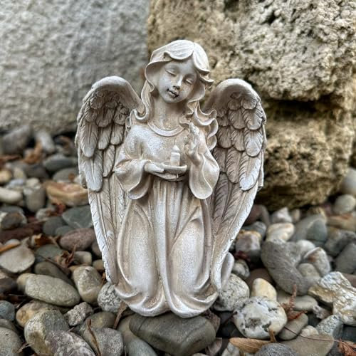 eberin · Friedhof Grabengel · Engel knieend mit Kerze · Trauerengel für das Grab · Grabdeko mit Engel · beige antik ·