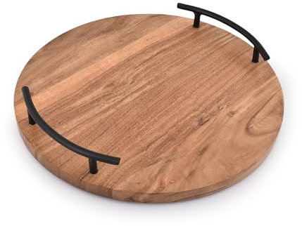 Indus Lifespace Bandeja redonda de madera para servir con asas de hierro para decoración vintage del hogar, centros de mesa de cocina de granja (30,48 cm x 30,48 cm x 4,44 cm)
