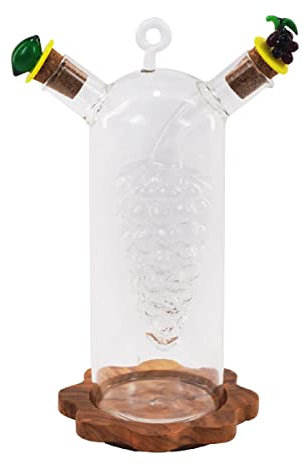 ROCKING GIFTS Vinaigrier 2 en 1 pour huile 300 ml et vinaigre 60 ml, verre avec base en bois d'olivier, décoration rustique, 20 cm