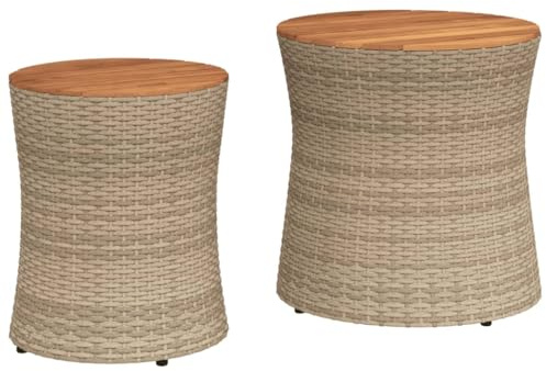 vidaXL Garten-Beistelltische 2 STK. mit Holzplatte Beige Poly Rattan