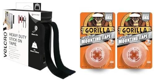 VELCRO Brand Heavy Duty Stick On Tape Cut-to-Length Industrial Extra Strong Double Sided Hook & Gorilla 3044105 Double Sided Mounting Tape Clear 1.5m (2 Pack)
