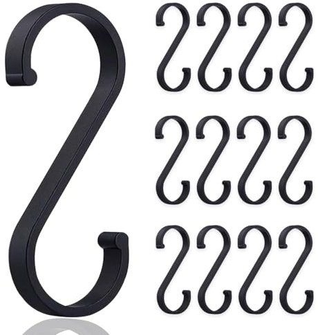 UBRAVE Ganchos en Forma de S, 12 piezas S en Forma de Gancho Colgante, Gancho de Metal Resistente Gancho Doble para Colgar Tazas, Ollas y Tazones, Apto para Cocina, Salón, Baño, Jardín, Armario, Negro