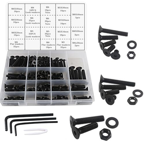 huruirui M5 M6 M8 Jeu de Vis Boulons et Écrous, Noir Hex Socket Head Cap Vis et Écrous Kit,Filetage Machine Boulons et Écrou Ensemble Outils Assortiment Kit 310Pièces