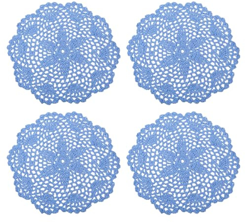 QUARKZMAN Häkeln Deckchen 4Stk 8 - Handgefertigt Häkeln Baumwolle Untersetzer Rund Spitze Tischsets mit Blumen Mustern für Hochzeit Party Dekoration (Blau)