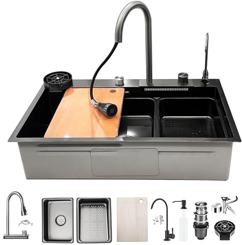 Évier Cascade Multifonctionnel 13 Pièces Ensemble D'évier De Cuisine En Acier Inoxydable Avec Robinet Extractible À Affichage Numérique Poste De Travail À Cuve Unique Lave-tasse Et Boutons De Commande