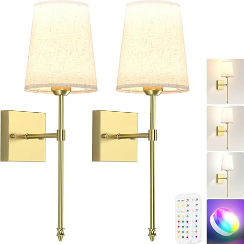 LABOREDUCER LED Wandleuchte Innen Kabellos Akku Wandleuchten 2 Stück mit Fernbedienung,Aufladbare 5000mAh Batterie mit Dimmbar RGB und 3 Farbtemperaturen,Vintage Retro Gold Wandlampe