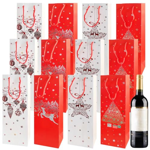 12 Stück Flaschentüten Für Weihnachten,Weihnachten Wein Geschenktüte,Weihnachtliche Kraftpapier-Geschenktüten Für Weinflaschen,Flaschentüten Für Einzelne Wein Mit Griffen,Für Wein Whisky (Stil-A)