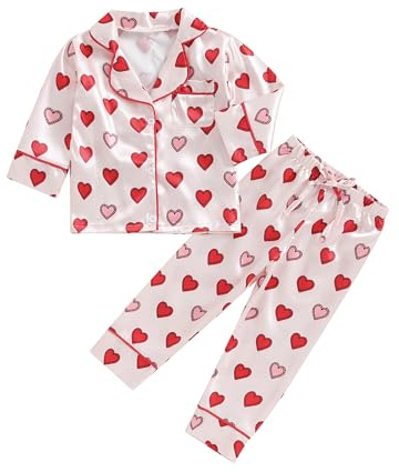 Barn småbarn flickor alla hjärtans pyjamas set 2 st Button down kärlek hjärta tryck skjortor toppar långa byxor lounge nattkläder kläder kläder, H-rött, 4-5 Years