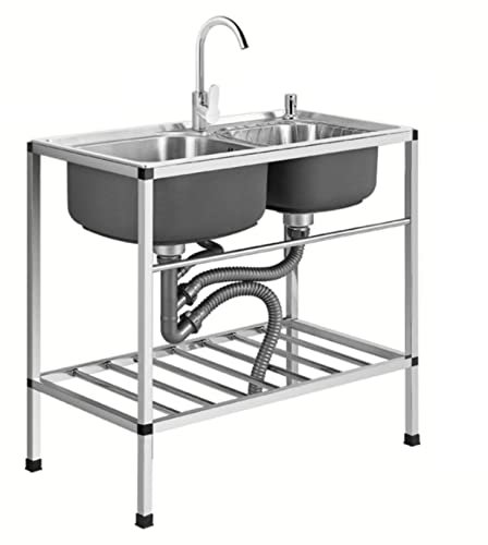 Lavandino, Lavandino Esterno Lavandino Doppio, Lavandino Commerciale in Acciaio Inox con Rubinetto e Scaffali di Stoccaggio, Per Garage, Ristorante, Cucina, Lavanderia (Silver)