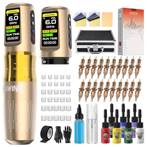HAWINK Tattoo Maschine Set mit 2PCS 1600mAh Akku 4 Modi 7-Takt Einstellbar 20 Tattoo Nadeln 7 Tattoo Farbe Aluminium-Legierung Koffer for Anfänger und Künstler HW-TKE300AEU-9