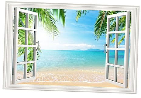Pegatina de Ventana Falsa 3d Removible de Vinilo para Pared | Paisaje Océano de Solar y Marco Luz Decorativo Playa para Salones y Guarderías
