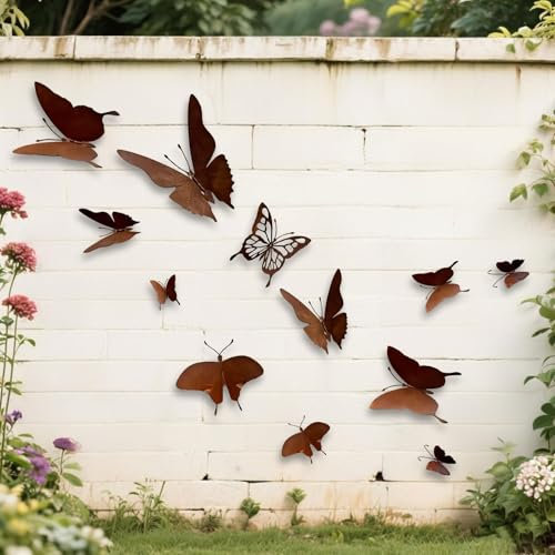 12 Stück Schmetterling Deko Wanddeko Garten Rostdeko Wand Deko Metall Rost Deko Garten Gartendeko Outdoor Gartendekorationen Gartenfigur für Draußen Terrassen Balkon Garten Zaun