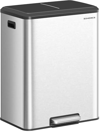 SONGMICS Kitchen Bin, 2 x 8 Gal. (2 x 30 L) Double Rubbish Bin for Recycling and Waste, Inner Buckets, Stainless Steel, Soft-Close Lid, Wide Sturdy Pedal, Metallic Silver LTB556E01