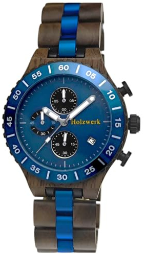 Holzwerk Germany Handgefertigte Designer Herren Öko Natur Holz Uhr Chronograph Armband Analog Quarz Buche Braun Schwarz Gold Datum Holz