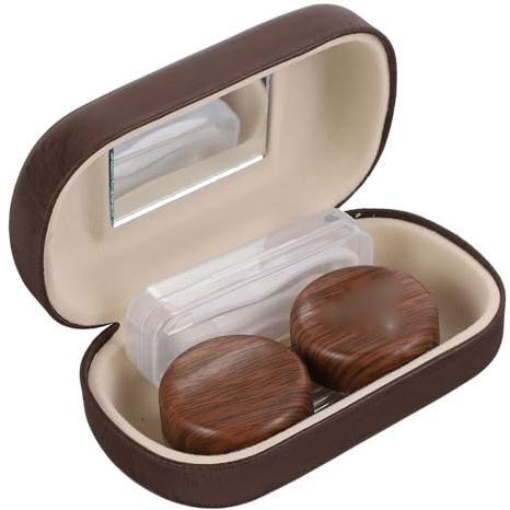 MUCKLILY Contact Lens Case Travel Clip and Small Mirror Suction Stick, for Portable with with Brown Leather Lining Plastic Body Lightweight Design Eye Care