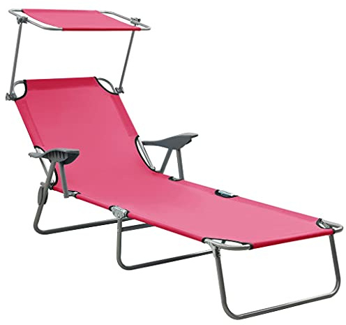 HaoChrymec Sonnenliege mit Sonnendach aus Pulverbeschichtetem Stahl, Verstellbare Rückenlehne, Klappbar, Strand Liege, Camping Liegestuhl, Outdoor Liege, Rosa, 71.5 x 188 x 27 cm