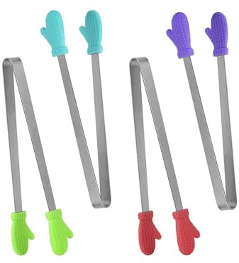 FUGLUS 4 Stück Mini Zuckerzangen aus Edelstahl mit Silikongriffen, Kinderfreundliche Servierzange für Candy Bar, Buffet, Fingerfood, Party & Grill, 13 cm