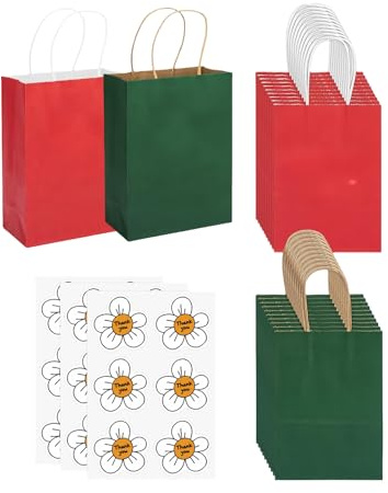 Kleine Papiertüten Geschenktüten 18 Stück 15 x 8 x 21 cm Rot und Grün Geschenktüten mit Henkel mit 18 Stück Dankeschön Aufklebernfür Hochzeiten Partys Einkaufen Verpackungen