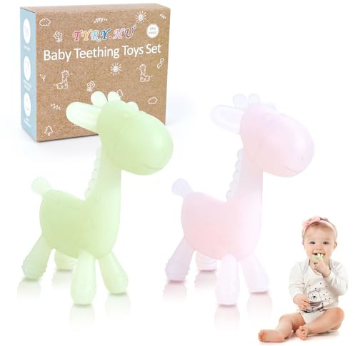 TYRY.HU Beißring Baby Silikon Beißspielzeug kühlend Zahnungshilfe Giraffe Kauspielzeug Greifling Sensory Kühlender Hirsch Kinder Relief Beißring 3 6 12 Monate Geschenke für Jungen und Mädchen 4 Stück