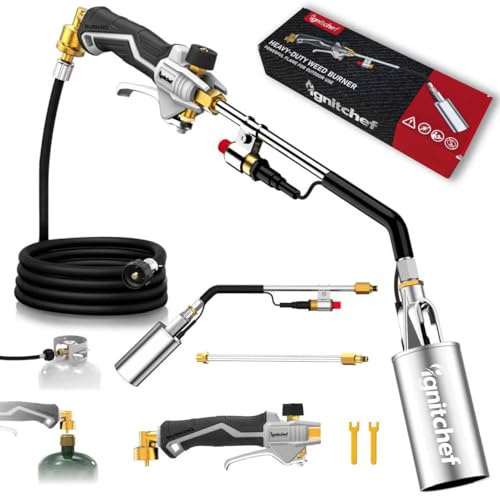 IgnitChef Propane Torch Weed Burner Heavy Duty-340,000 BTU Weed Torch with 2 Extension Modes, Piezo Trigger(Self Igniting)&12.5ft Hose, Multi-Fuel Compatible(1lb-100lb) for Weeds, Ice Melting, Roofing