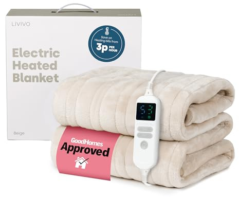 LIVIVO Electric Heated Blanket, 160x130cm – Ultra Soft Fleece Electric Over Blanket Throw with 9 Heat Settings, Timer, Auto Shut-Off – Energy Efficient & Machine Washable - Sand