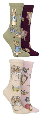 SockShop Damen Beatrix Potter Socken – 4 Paar Geschenkbox-Set Mit Peter Rabbit, Jeremy Fisher, Miss Tiggy-Winkle und Jemima Puddle-Duck, Niedliche Charakterschuhe aus Baumwolle DE 37-42 Multi