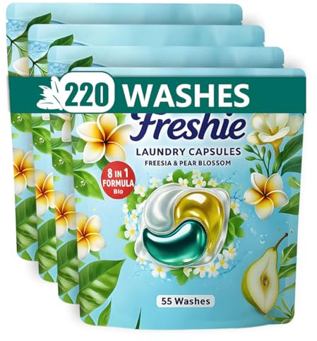 Freshie Laundry Pods 220 Pack – Long-Lasting Detergent Capsules for All Fabrics, Gentle & Skin-Friendly, Family Size for Daily Laundry, Freesia & Pear Blossom Scent