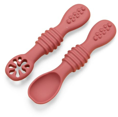 EJRUP Cuchara Bebe Aprendizaje,Juego de 2 Cucharas de Silicona,Ideal Blw,Cuchara de Alimentación de Pie para Niños,Blandas Para Autoalimentación y Destete Guiado
