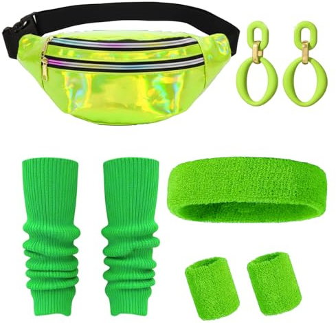 XDGBGFN 90er Jahre Outfit Damen Party Retro 80er Jahre Accessoires mit Bauchtasche Neon, Stirnband, Beinwärmer, Armband für Cosplay, Karneval, Mottoparty, Maskerade