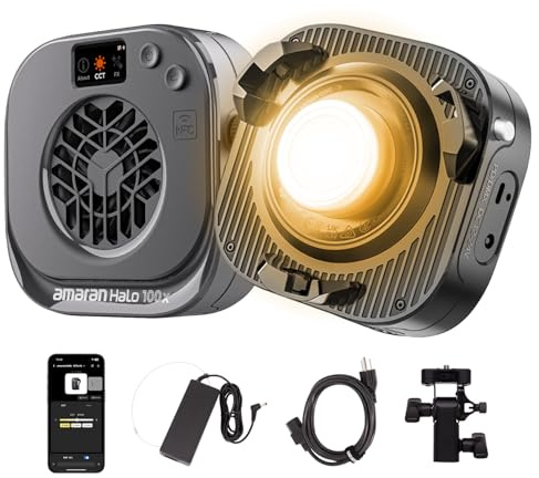 amaran Halo 100x 100W Luz LED COB Bi-Color, 4.890 Lux a 1m, Ultra Compacta, Montura Bowens, USB-C PD y Adaptador DC, CRI 96+, TLCI 97+, Control DMX y App