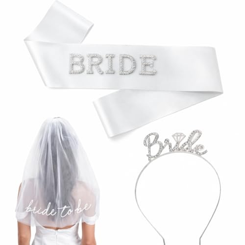 JGA Accessoires Frauen Set 3-teilig für die Braut mit Strass Diadem weißen Brautschleier und Bride to Be Schärpe Hen Night Deko für Junggesellenabschied Bachelorette Party Hochzeit Fotorequisiten