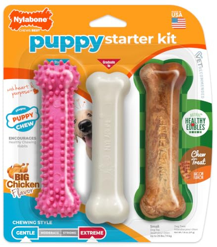 Nylabone Puppy Chew Toys & Natural Treat Triple Pack, Puppy Enrichment Teething Toys, Pink, Chicken & Bacon Flavor, Small Dogs - Up to 25 Ibs, 3 Pack