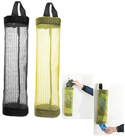 CRIVERS Hängenden Mesh Müll Taschen Veranstalter, Innovative Folding Müllsäcke Halter, Plastiktüten Spender Recycling Lebensmittelgeschäft Taschenbehälter für Küche (1pc gelb + 1pc schwarz)
