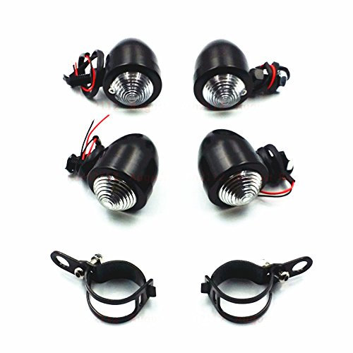 Motorrad Blinker Kontrollleuchte Lampe + Gabelklemmen Kreuzer Old School Bobber Cafe Racer Vintage Retro Clubman Rat Fahrrad (Schwarz / Klar)