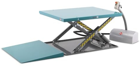 Ameise Elektro-Flach-Scheren-Hubtisch | 1.000 kg Tragkraft | 840 mm Hubhöhe | 1.450x1.140 mm Plattform | Einfach-Schere | ergonomische und individuelle Greifhöhe | Stahl | Türkisblau