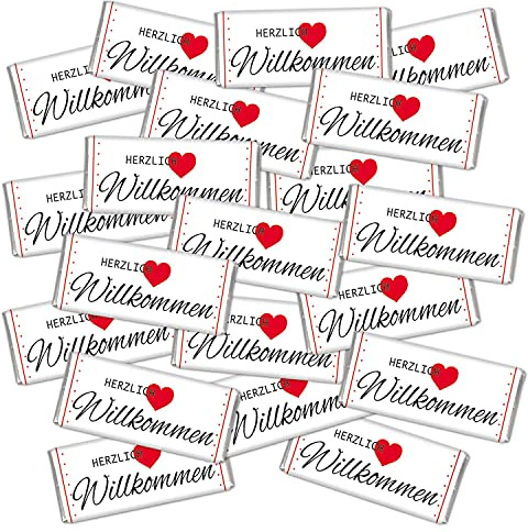 STEINBECK Tischdeko - Herzlich Willkommen - 20 Mini-Schokoladen give away Gastgeschenk Hochzeit Schokolade Geschenk Feier Essen Fest Deko Dekoration Herz Betthupferl