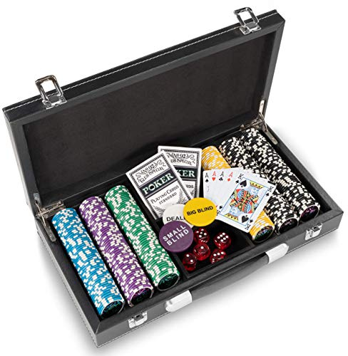Nexos Trading Pokerkoffer Leder Deluxe mit 300 Ocean Champion Chips abgerundete hochwertige Metallkern Jetons 12 g Pokerset Black Jack Texas Holdem