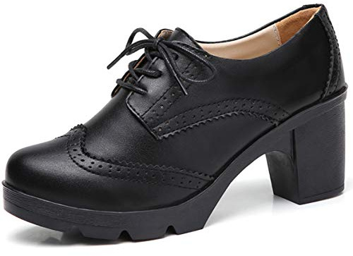 DADAWEN Women's Leather Classic Lace Up Platform Chunky Mid-Heel Square Toe Oxfords Dress Pump Shoes Black US Size 8