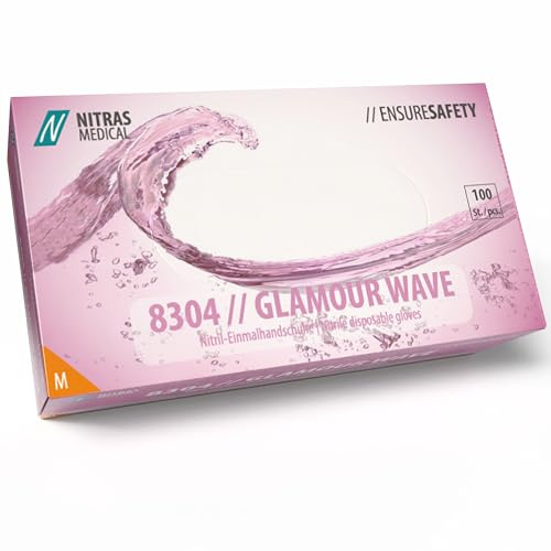 Nitras 8304 GLAMOUR WAVE unsterile, medizinische Nitril-Einmalhandschuhe Farbe rosa-perlmutt, 100 Stück im Spenderkarton, latexfrei & puderfrei, Touchscreen kompatibel (M)