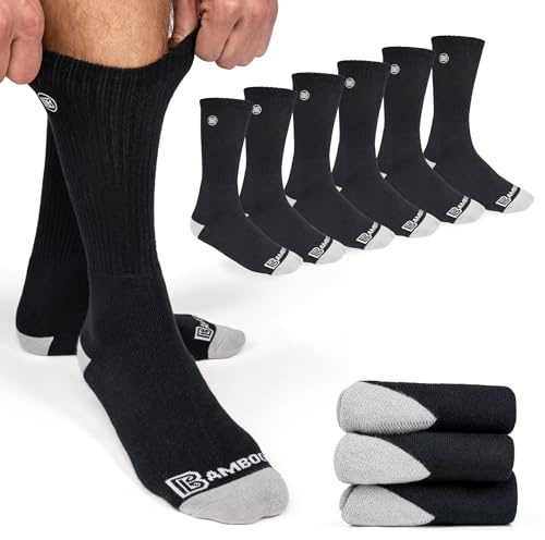 BAMBOO SPORTS Premium Bamboo Rayon Crew Work Socks- Moisture Wicking, Odor Eliminating Black Crew Socks for Men Size 9-12 - 3 Pair